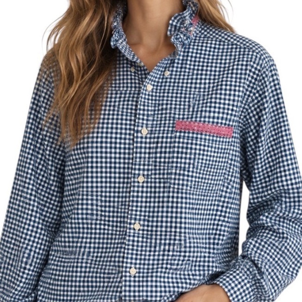 OOAK Blue Gingham Ruffle Collar Shirt Pink Lace Cottagecore Large
